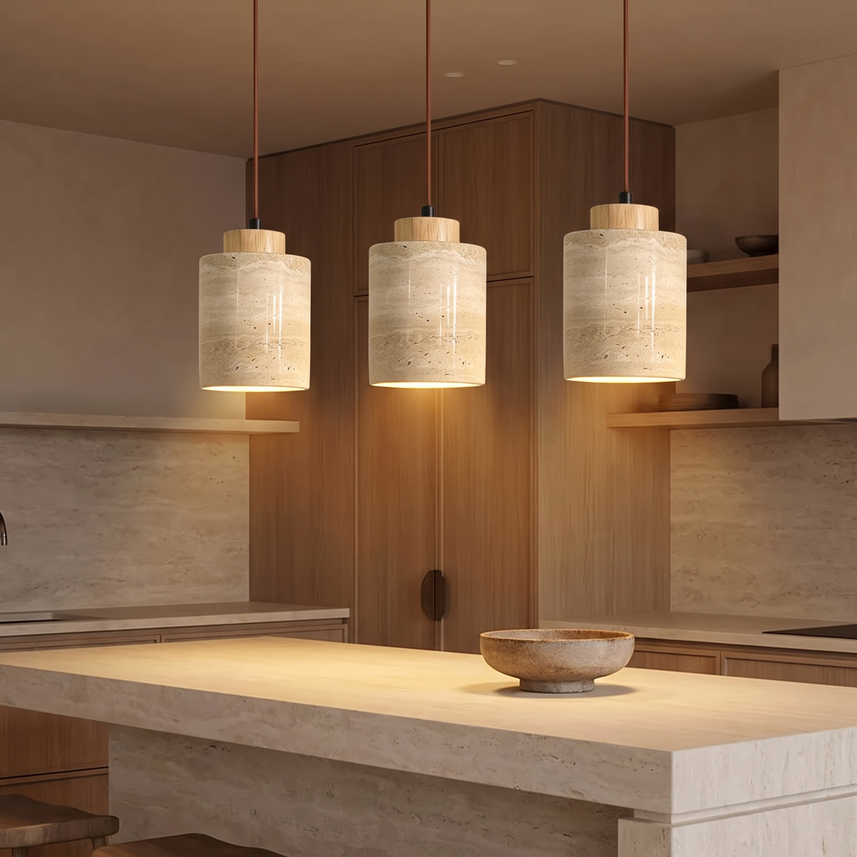 Stone Texture Pendant Lights above a kitchen counter