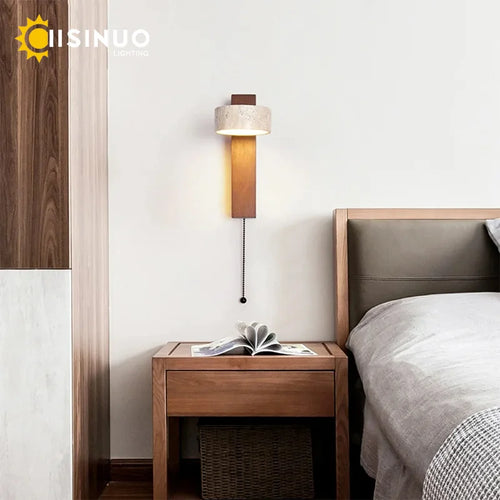 Travertine and Walnut Wall Sconce
