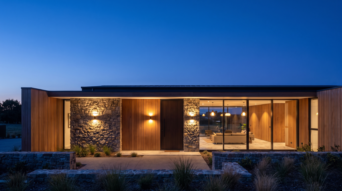 Modern home lit at dusk