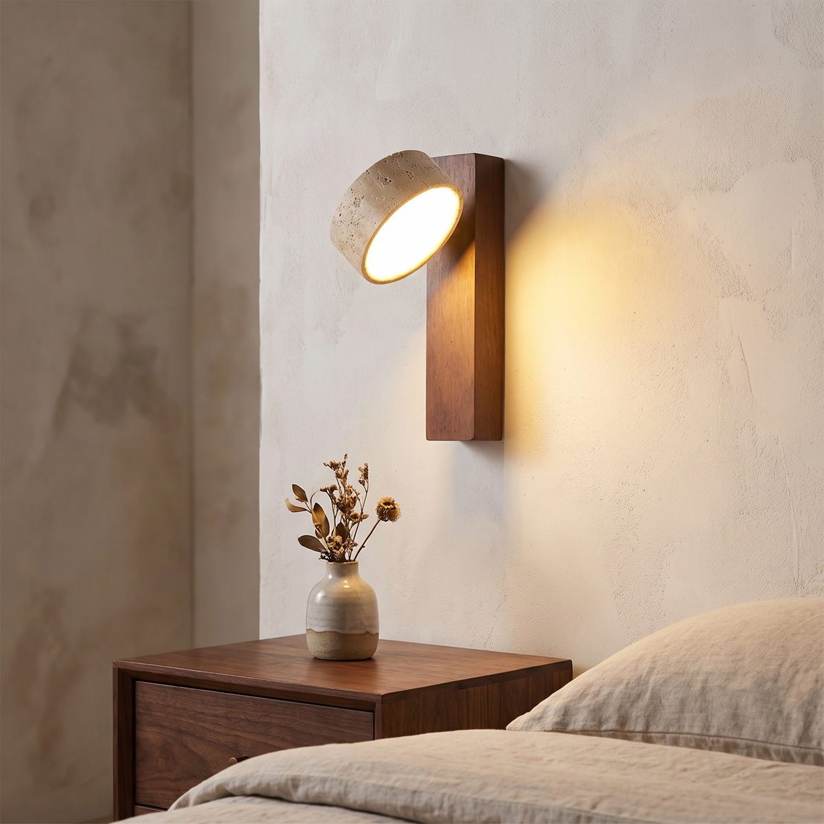 Travertine and Walnut Wall Sconce above a bedside table