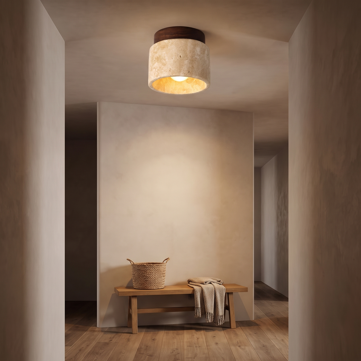 Stone and Wood Ceiling Light in an entryway