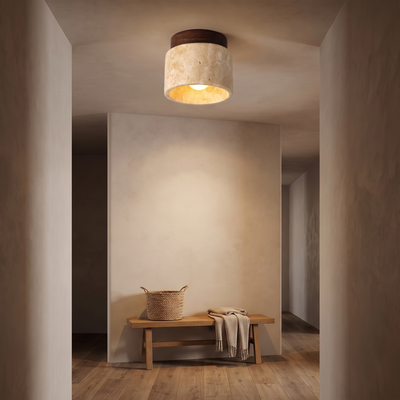 Stone and Wood Ceiling Light in an entryway